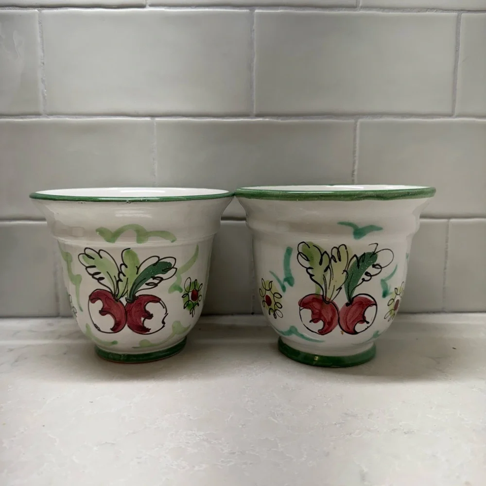 Pair of Italian Hand-Painted Planters with colorful vegetables design.